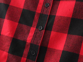 Women Long Sleeve Turn-down Collar Classic Plaid Print Shirt Single Breasted Cotton Long Shirts Black Red - Loja Ammix