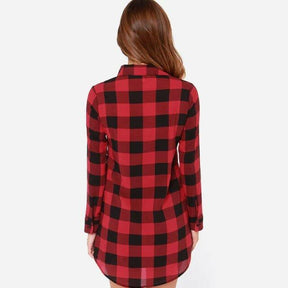 Women Long Sleeve Turn-down Collar Classic Plaid Print Shirt Single Breasted Cotton Long Shirts Black Red - Loja Ammix