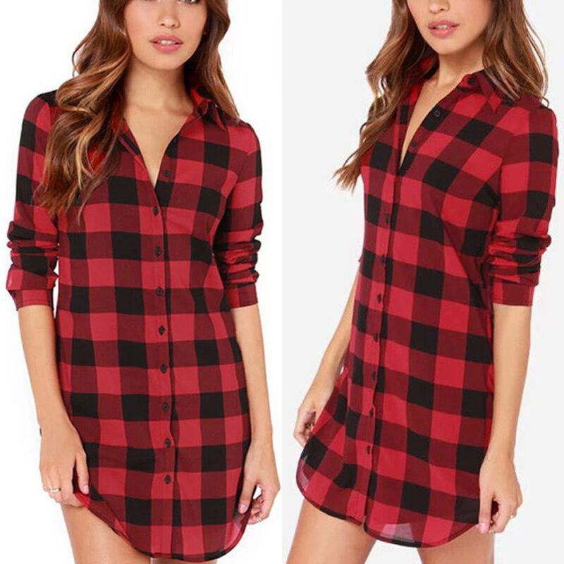Women Long Sleeve Turn-down Collar Classic Plaid Print Shirt Single Breasted Cotton Long Shirts Black Red - Loja Ammix