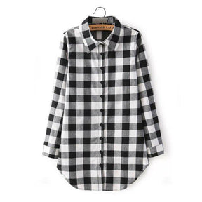Women Long Sleeve Turn-down Collar Classic Plaid Print Shirt Single Breasted Cotton Long Shirts Black Red - Loja Ammix