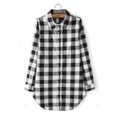 Women Long Sleeve Turn-down Collar Classic Plaid Print Shirt Single Breasted Cotton Long Shirts Black Red - Loja Ammix