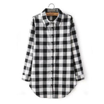 Women Long Sleeve Turn-down Collar Classic Plaid Print Shirt Single Breasted Cotton Long Shirts Black Red - Loja Ammix