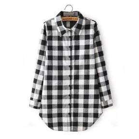 Women Long Sleeve Turn-down Collar Classic Plaid Print Shirt Single Breasted Cotton Long Shirts Black Red - Loja Ammix
