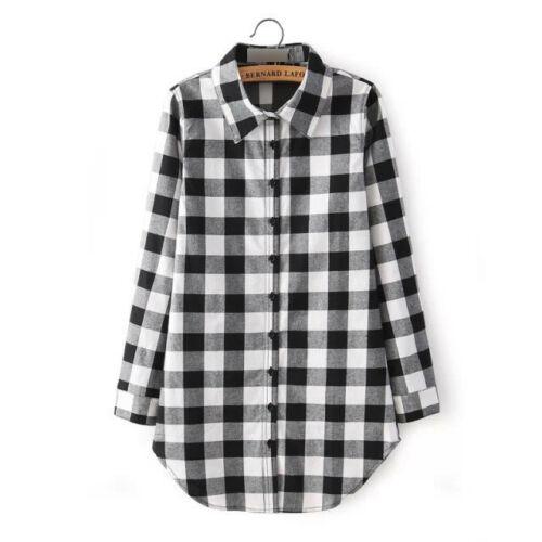 Women Long Sleeve Turn-down Collar Classic Plaid Print Shirt Single Breasted Cotton Long Shirts Black Red - Loja Ammix
