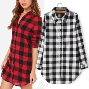Women Long Sleeve Turn-down Collar Classic Plaid Print Shirt Single Breasted Cotton Long Shirts Black Red - Loja Ammix