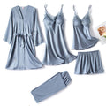 5PC Silk Robe Sleep Suit Womens Lace Satin Pajamas Gown Set V-Neck Cami Nighties Wear Pijama Home Nightwear Spring Nightdress - Loja Ammix