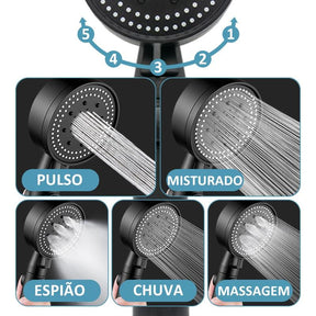 Shower Head Water Saving Black 5 Mode Adjustable High Pressure Shower One-key Stop Water Massage Eco Shower Bathroom Accessories - Loja Ammix