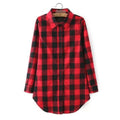 Women Long Sleeve Turn-down Collar Classic Plaid Print Shirt Single Breasted Cotton Long Shirts Black Red - Loja Ammix