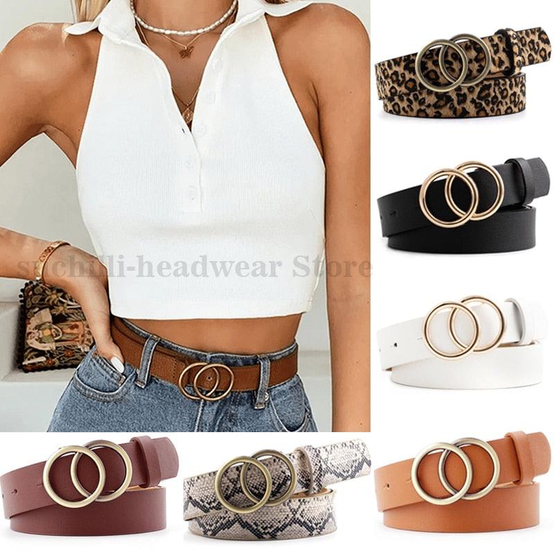 Double Ring Belts for Women Girls Fashion Leopard Waist Belt PU Metal Buckle Heart Pin Belt Leisure Dress Jeans Wild Waistband - Loja Ammix