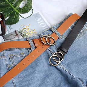 Double Ring Belts for Women Girls Fashion Leopard Waist Belt PU Metal Buckle Heart Pin Belt Leisure Dress Jeans Wild Waistband - Loja Ammix