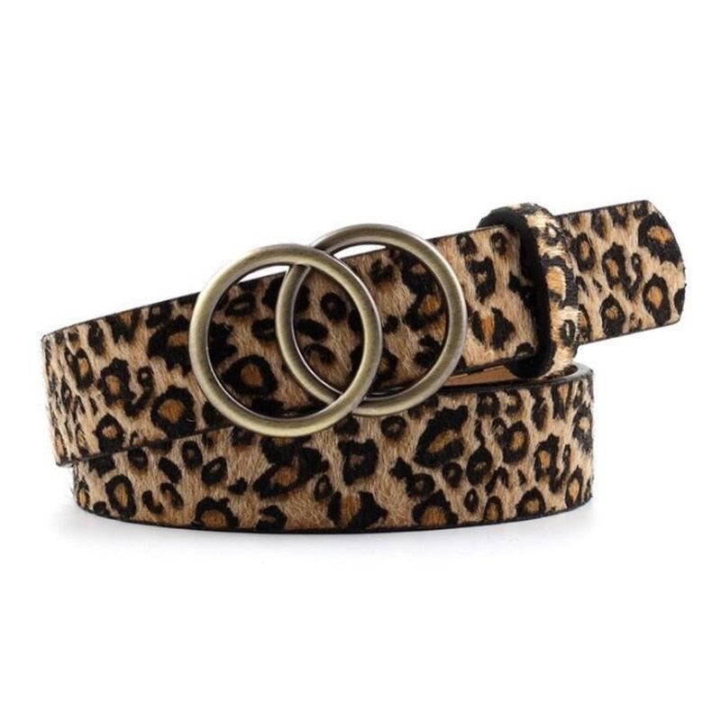 Double Ring Belts for Women Girls Fashion Leopard Waist Belt PU Metal Buckle Heart Pin Belt Leisure Dress Jeans Wild Waistband - Loja Ammix