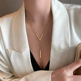 Stainless steel V-shaped long sexy Clavicle Necklace Ladies and girls stainless steel Gold colour chain Necklace 2022 Party jewe - Loja Ammix