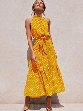 Summer Long Dress Polka Dot Casual Dresses Black Sexy Halter Strapless New 2022 Yellow Sundress Vacation Clothes For Women - Loja Ammix