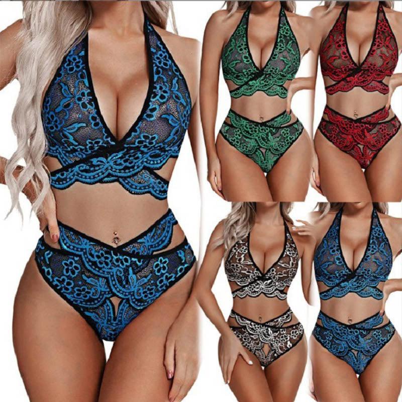 Seamless Transparent Lingerie Set Women Lace Bowknot Push Up Bra And Panty Set Sexy V Neck Breathable Erotic Underwear Sets - Loja Ammix