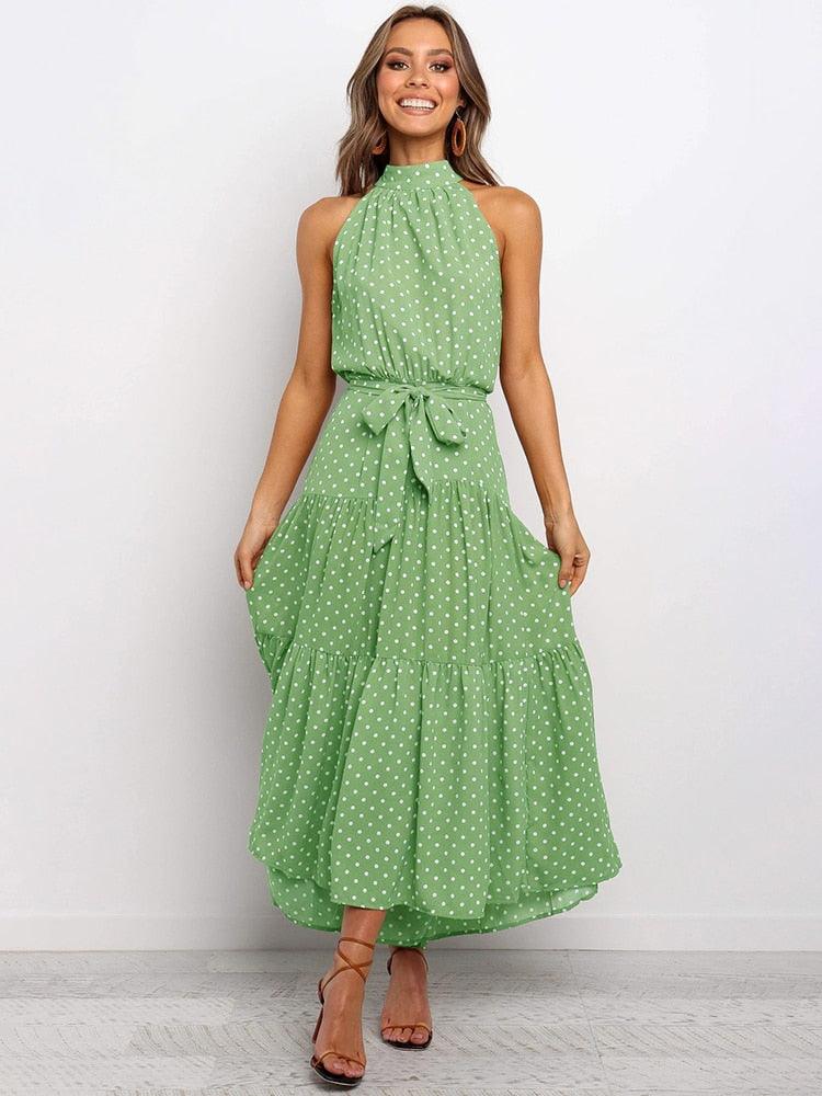 Summer Long Dress Polka Dot Casual Dresses Black Sexy Halter Strapless New 2022 Yellow Sundress Vacation Clothes For Women - Loja Ammix