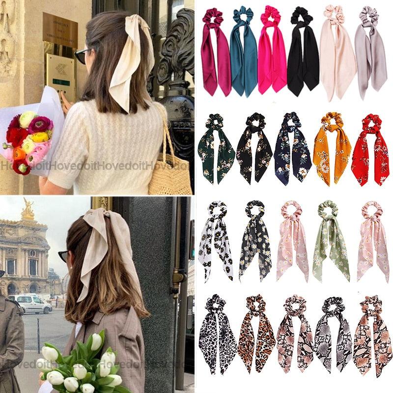 Fashion Solid Color Bow Satin Long Ribbon Ponytail Scarf Hair Tie Scrunchies Women Girls Elastic Hair Bands Hair Accessories - Loja Ammix
