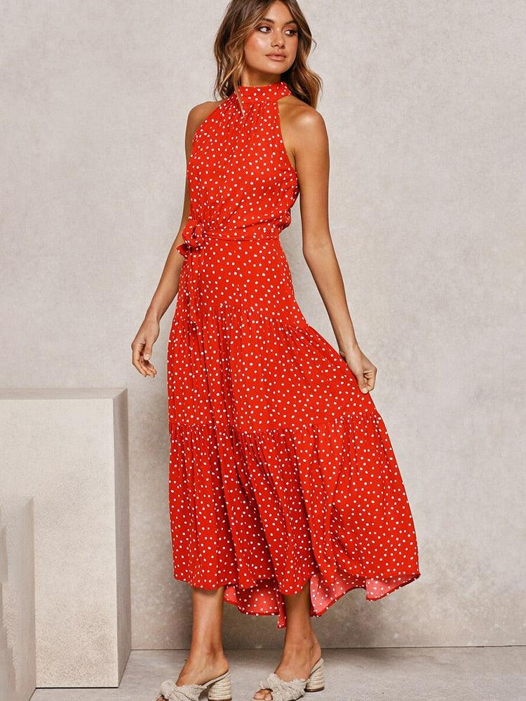 Summer Long Dress Polka Dot Casual Dresses Black Sexy Halter Strapless New 2022 Yellow Sundress Vacation Clothes For Women - Loja Ammix