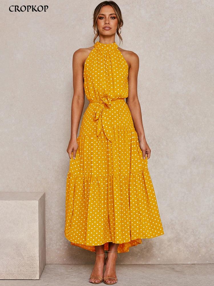 Summer Long Dress Polka Dot Casual Dresses Black Sexy Halter Strapless New 2022 Yellow Sundress Vacation Clothes For Women - Loja Ammix