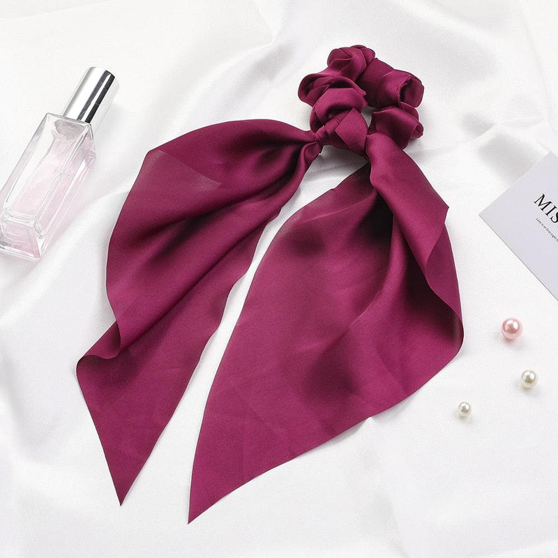 Fashion Solid Color Bow Satin Long Ribbon Ponytail Scarf Hair Tie Scrunchies Women Girls Elastic Hair Bands Hair Accessories - Loja Ammix