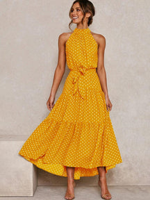 Summer Long Dress Polka Dot Casual Dresses Black Sexy Halter Strapless New 2022 Yellow Sundress Vacation Clothes For Women - Loja Ammix