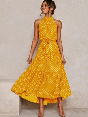 Summer Long Dress Polka Dot Casual Dresses Black Sexy Halter Strapless New 2022 Yellow Sundress Vacation Clothes For Women - Loja Ammix